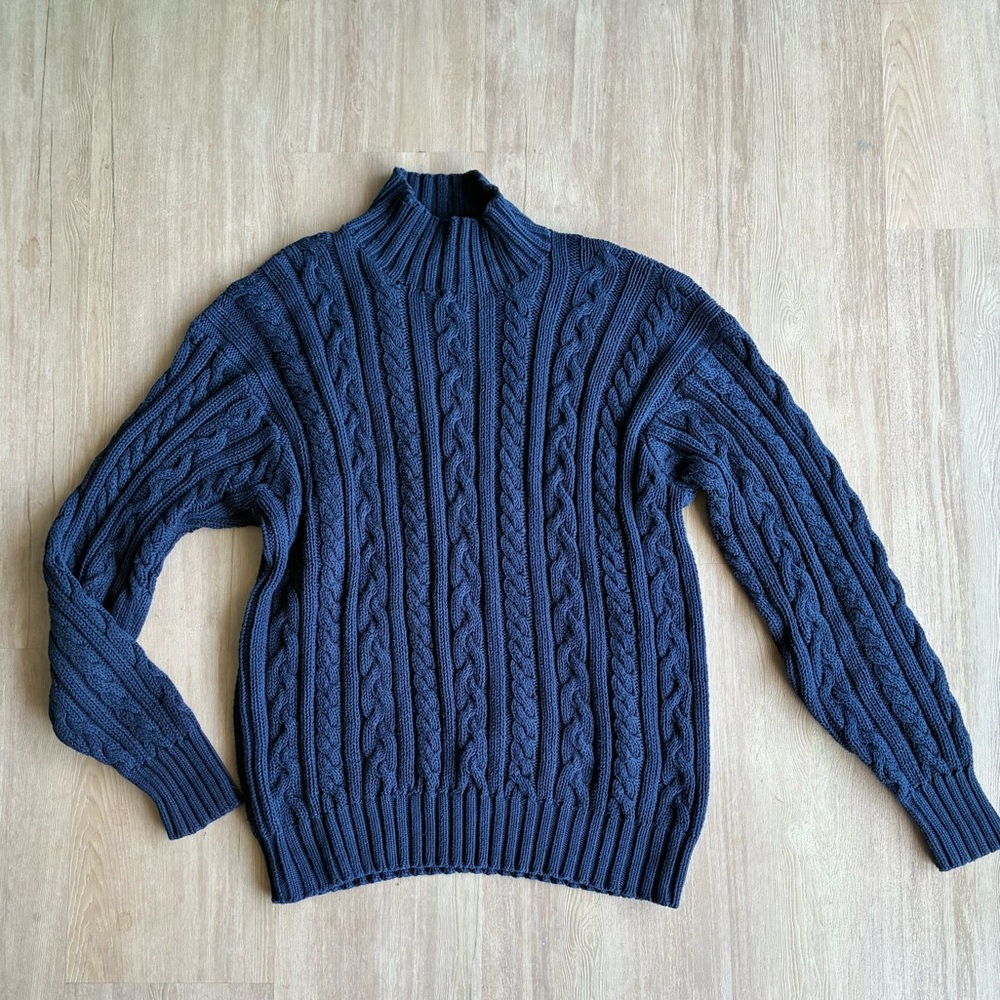 Vintage Polo Ralph Lauren Cable Knit 100% Cotton Fisherman Sweater Navy Blue XL